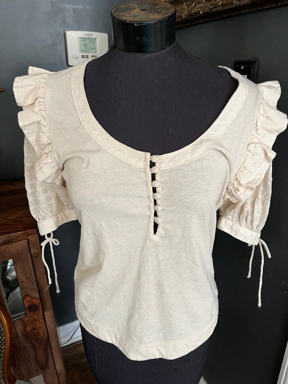 Anthropologie Embroidered Ruffled Shirt w ties Cottagecore sz L Cotton Festival - Picture 5 of 5